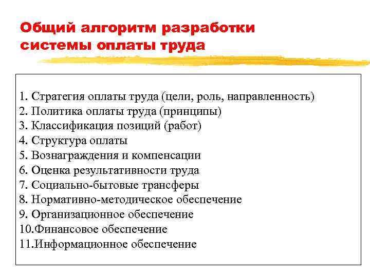 Общий алгоритм разработки системы оплаты труда 1. Стратегия оплаты труда (цели, роль, направленность) 2.