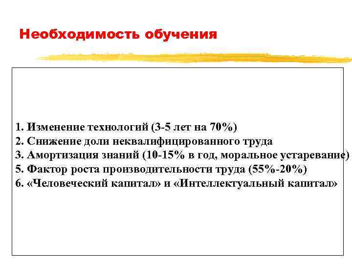 Необходимость обучения 1. Изменение технологий (3 -5 лет на 70%) 2. Снижение доли неквалифицированного