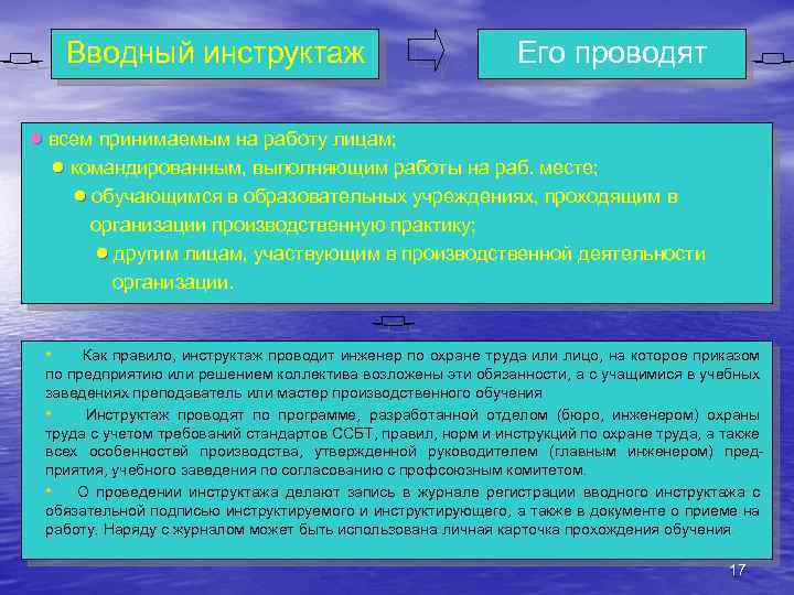 Вводный инструктаж Его проводят • всем принимаемым на работу лицам; • командированным, выполняющим работы