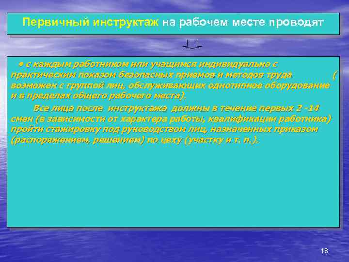 Первичный инструктаж на рабочем месте проводят • с каждым работником или учащимся индивидуально с