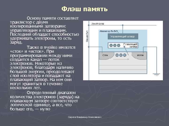 Флэш память Основу памяти составляет транзистор с двумя изолированными затворами: управляющим и плавающим. Последний
