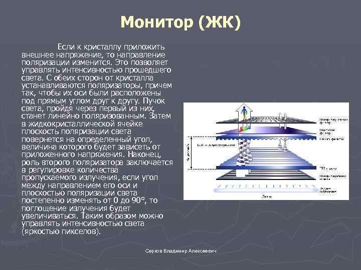 Монитор (ЖК) Если к кристаллу приложить внешнее напряжение, то направление поляризации изменится. Это позволяет