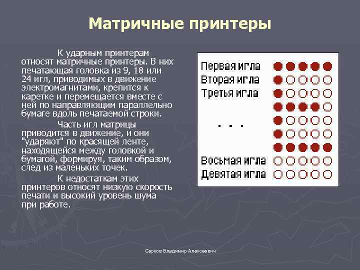 Матричные принтеры К ударным принтерам относят матричные принтеры. В них печатающая головка из 9,