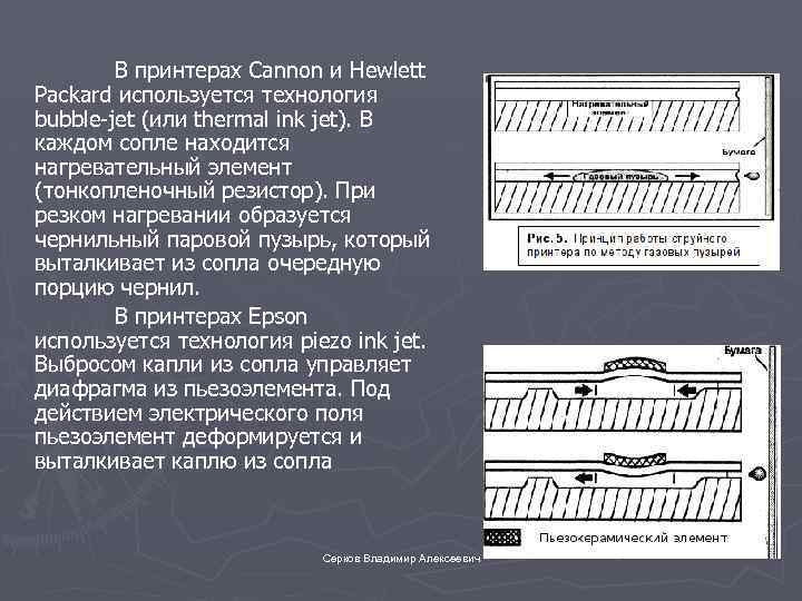 В принтерах Cannon и Hewlett Packard используется технология bubble-jet (или thermal ink jet). В