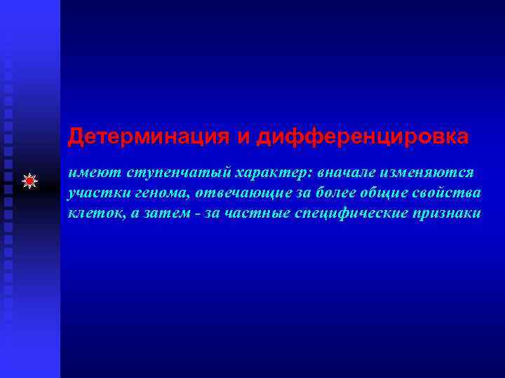 Детерминация и дифференцировка имеют ступенчатый характер: вначале изменяются участки генома, отвечающие за более общие
