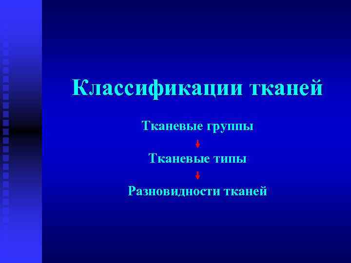 Классификации тканей Тканевые группы Тканевые типы Разновидности тканей 