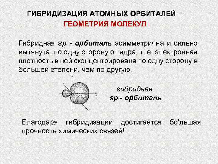 ГИБРИДИЗАЦИЯ АТОМНЫХ ОРБИТАЛЕЙ ГЕОМЕТРИЯ МОЛЕКУЛ Гибридная sр - орбиталь асимметрична и сильно вытянута, по