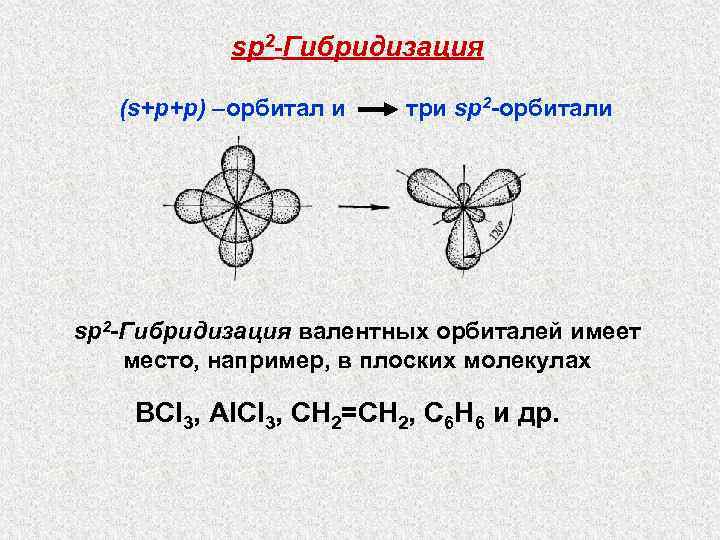 sp 2 -Гибридизация (s+p+p) –орбитал и три sp 2 -орбитали sр2 -Гибридизация валентных орбиталей