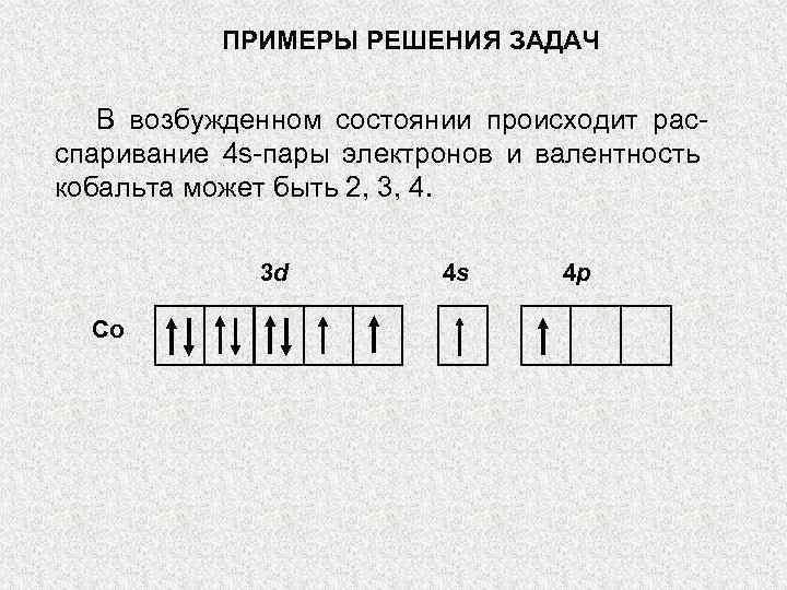 ПРИМЕРЫ РЕШЕНИЯ ЗАДАЧ В возбужденном состоянии происходит расспаривание 4 s-пары электронов и валентность кобальта