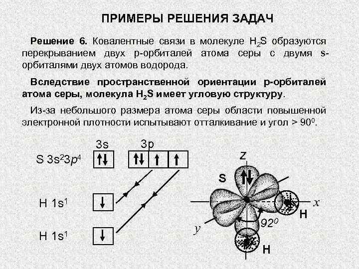 ПРИМЕРЫ РЕШЕНИЯ ЗАДАЧ Решение 6. Ковалентные связи в молекуле H 2 S образуются перекрыванием