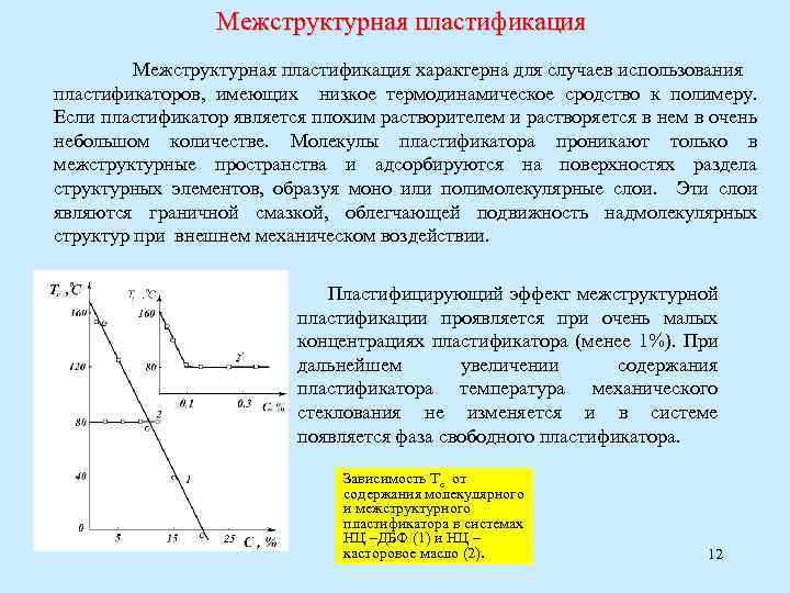 Межструктурная пластификация характерна для случаев использования пластификаторов, имеющих низкое термодинамическое сродство к полимеру. Если