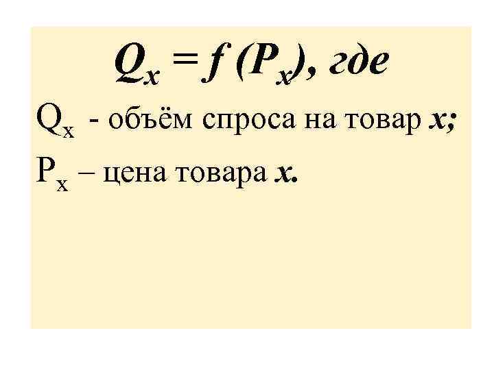 Qx = f (Px), где Qx - объём спроса на товар х; Px –