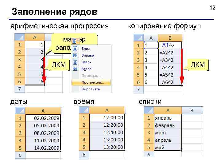 12 Заполнение рядов арифметическая прогрессия копирование формул маркер заполнения ЛКМ даты ЛКМ время списки