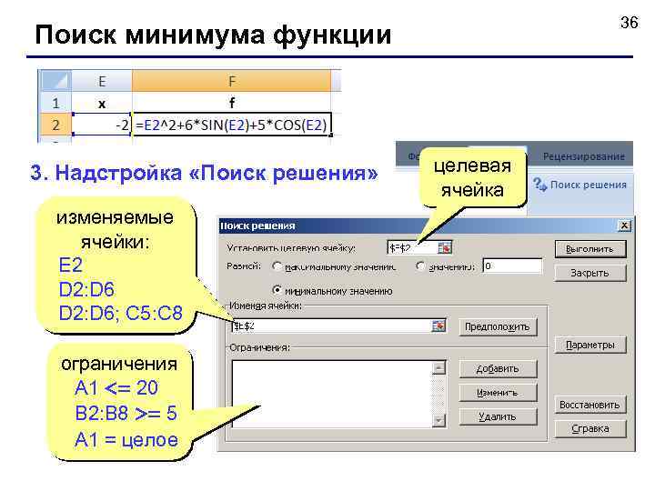 36 Поиск минимума функции 3. Надстройка «Поиск решения» изменяемые ячейки: E 2 D 2: