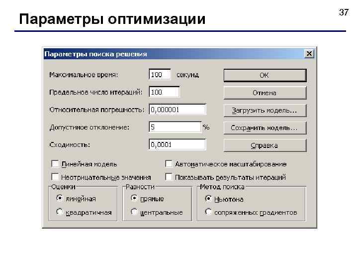 Параметры оптимизации 37 
