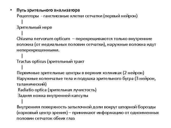  • Путь зрительного анализатора Рецепторы - ганглиозные клетки сетчатки (первый нейрон) | Зрительный