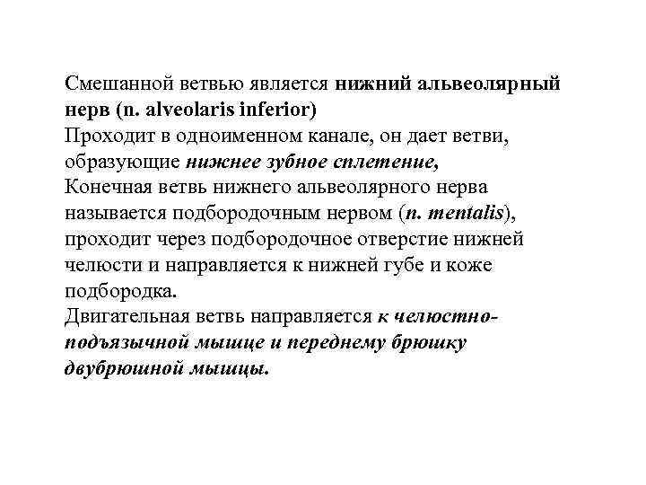 Смешанной ветвью является нижний альвеолярный нерв (n. alveolaris inferior) Проходит в одноименном канале, он