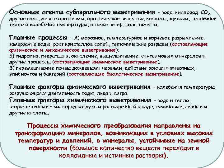 Основные агенты субаэрального выветривания - вода, кислород, СО 2, другие газы, живые организмы, органическое
