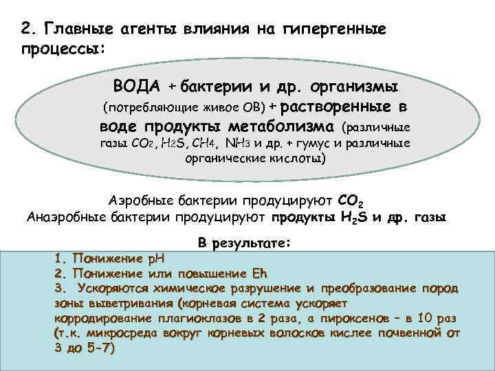 2. Главные агенты влияния на гипергенные процессы: ВОДА + бактерии и др. организмы (потребляющие