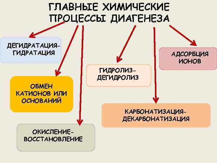 ГЛАВНЫЕ ХИМИЧЕСКИЕ ПРОЦЕССЫ ДИАГЕНЕЗА ДЕГИДРАТАЦИЯ ОБМЕН КАТИОНОВ ИЛИ ОСНОВАНИЙ АДСОРБЦИЯ ИОНОВ ГИДРОЛИЗДЕГИДРОЛИЗ КАРБОНАТИЗАЦИЯДЕКАРБОНАТИЗАЦИЯ ОКИСЛЕНИЕВОССТАНОВЛЕНИЕ