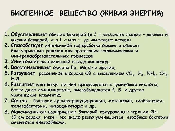 БИОГЕННОЕ ВЕЩЕСТВО (ЖИВАЯ ЭНЕРГИЯ) 1. Обуславливает обилие бактерий (в 1 г песчаного осадка –