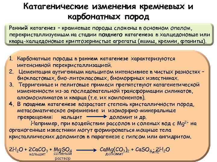 Катагенические изменения кремневых и карбонатных пород Ранний катагенез – кремневые породы сложены в основном