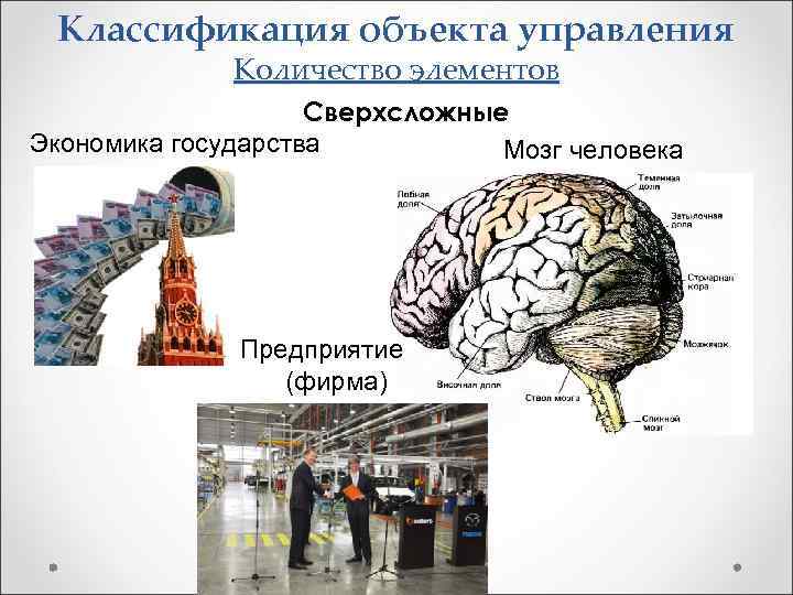 Классификация объекта управления Количество элементов Сверхсложные Экономика государства Мозг человека Предприятие (фирма) 