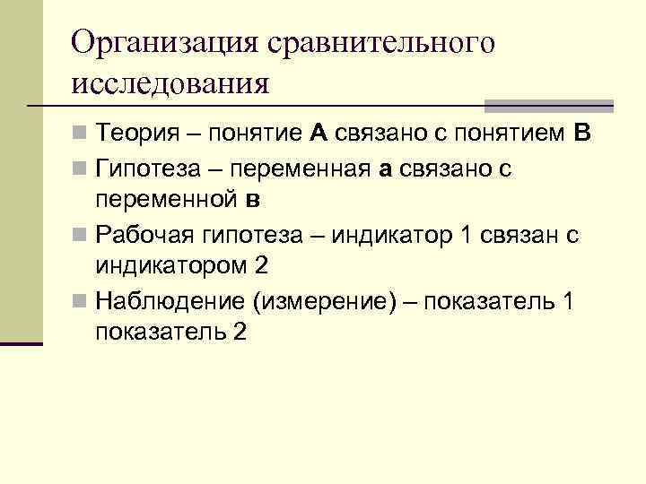 Организация сравнительного исследования n Теория – понятие А связано с понятием В n Гипотеза