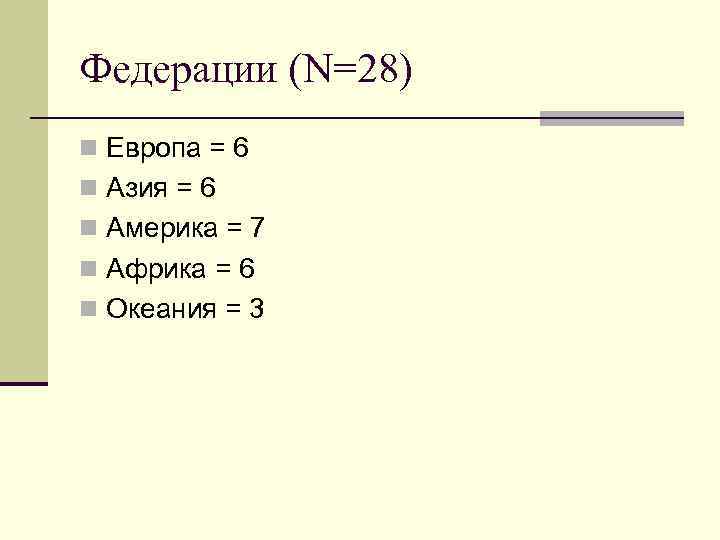 Федерации (N=28) n Европа = 6 n Азия = 6 n Америка = 7