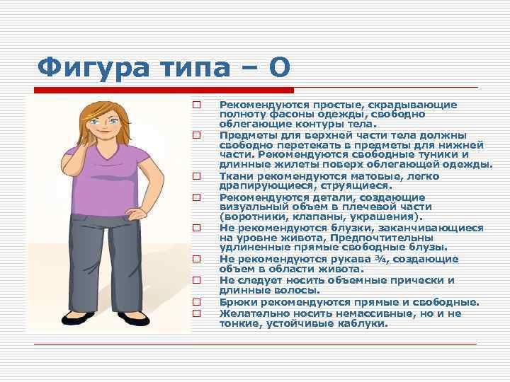 Фигура типа – О o o o o o Рекомендуются простые, скрадывающие полноту фасоны
