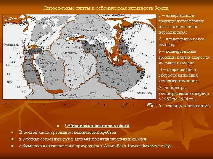 Литосферные плиты и сейсмическая активность Земли. n n n Сейсмически активных пояса В осевой