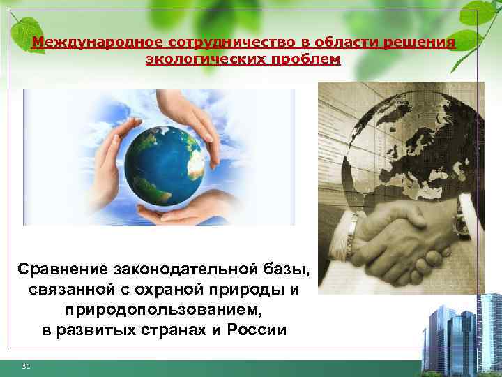Международное сотрудничество в области решения экологических проблем Сравнение законодательной базы, связанной с охраной природы