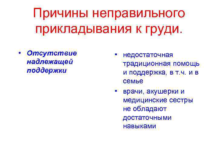 Причины неправильного прикладывания к груди. • Отсутствие надлежащей поддержки • недостаточная традиционная помощь и