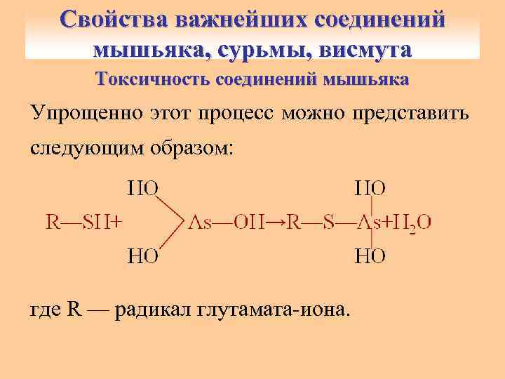 Свойства важнейших соединений мышьяка, сурьмы, висмута Токсичность соединений мышьяка Упрощенно этот процесс можно представить