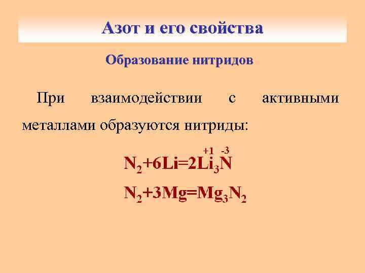 Азот и его свойства Получение азота Образование нитридов При взаимодействии с металлами образуются нитриды: