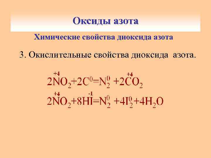 Оксиды азота Химические свойства диоксида азота 3. Окислительные свойства диоксида азота. 