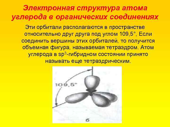 Электронная структура атома углерода в органических соединениях Эти орбитали располагаются в пространстве относительно друга