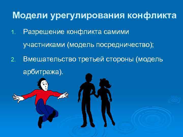 Модели урегулирования конфликта 1. Разрешение конфликта самими участниками (модель посредничество); 2. Вмешательство третьей стороны