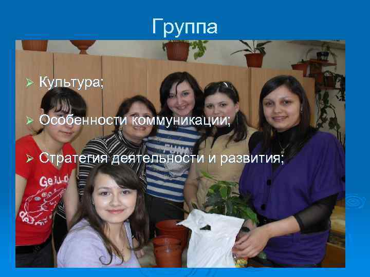 Группа Ø Культура; Ø Особенности коммуникации; Ø Стратегия деятельности и развития; 