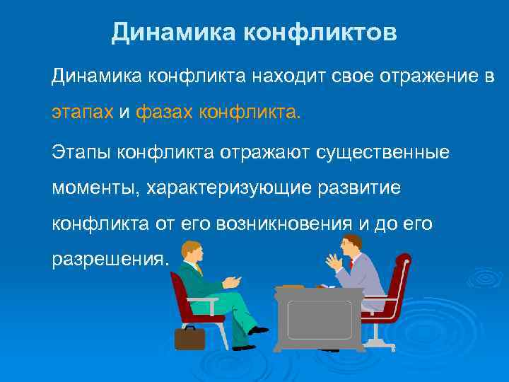 Динамика конфликтов Динамика конфликта находит свое отражение в этапах и фазах конфликта. Этапы конфликта