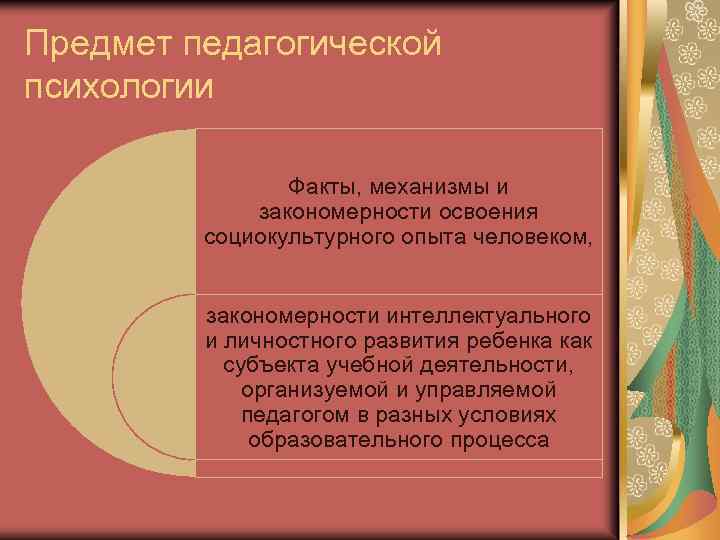 Предмет педагогической психологии Факты, механизмы и закономерности освоения социокультурного опыта человеком, закономерности интеллектуального и