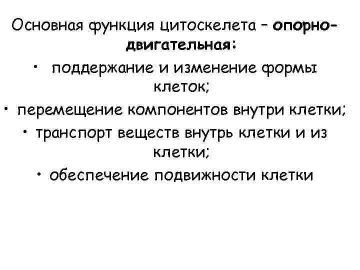 Основная функция цитоскелета – опорнодвигательная: • поддержание и изменение формы клеток; • перемещение компонентов