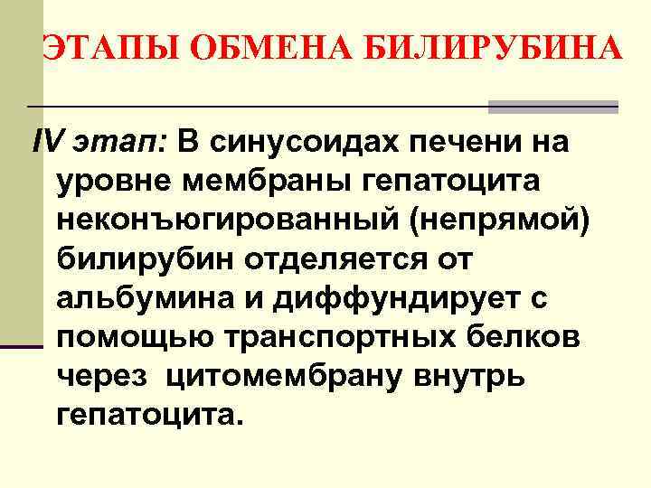 ЭТАПЫ ОБМЕНА БИЛИРУБИНА IV этап: В синусоидах печени на уровне мембраны гепатоцита неконъюгированный (непрямой)
