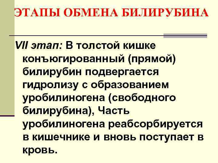 ЭТАПЫ ОБМЕНА БИЛИРУБИНА VII этап: В толстой кишке конъюгированный (прямой) билирубин подвергается гидролизу с