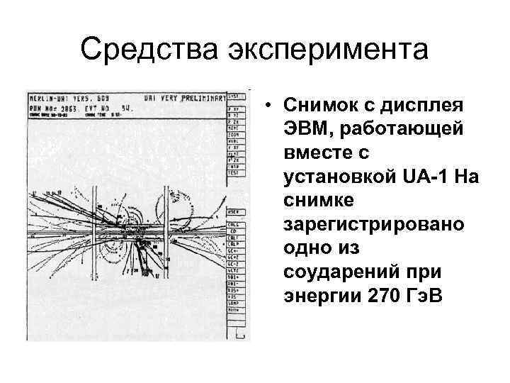 Средства эксперимента • Снимок с дисплея ЭВМ, работающей вместе с установкой UA-1 На снимке