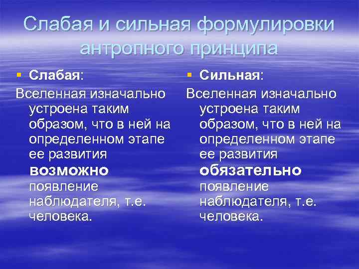 Слабая и сильная формулировки антропного принципа § Слабая: Вселенная изначально устроена таким образом, что