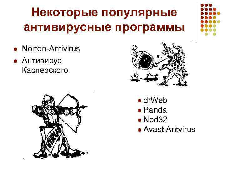 Некоторые популярные антивирусные программы l l Norton-Antivirus Антивирус Касперского dr. Web Panda Nod 32