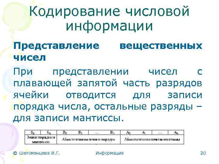 Кодирование числовой информации Представление вещественных чисел При представлении чисел с плавающей запятой часть разрядов