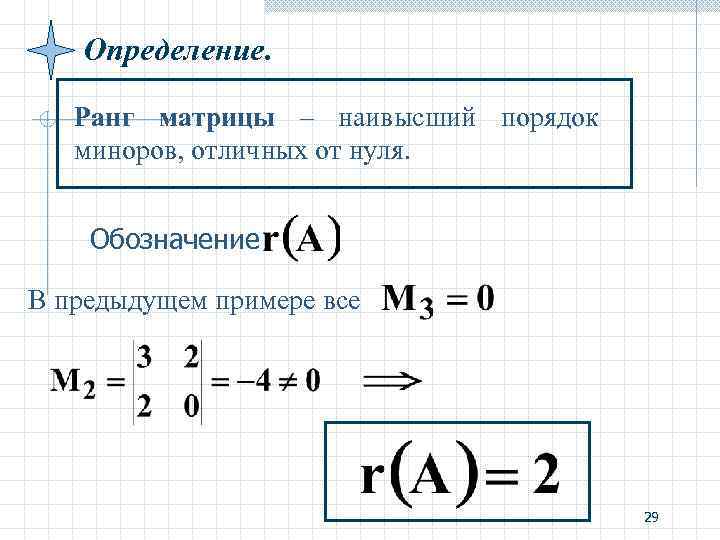 Определение. Ранг матрицы – наивысший порядок миноров, отличных от нуля. Обозначение В предыдущем примере