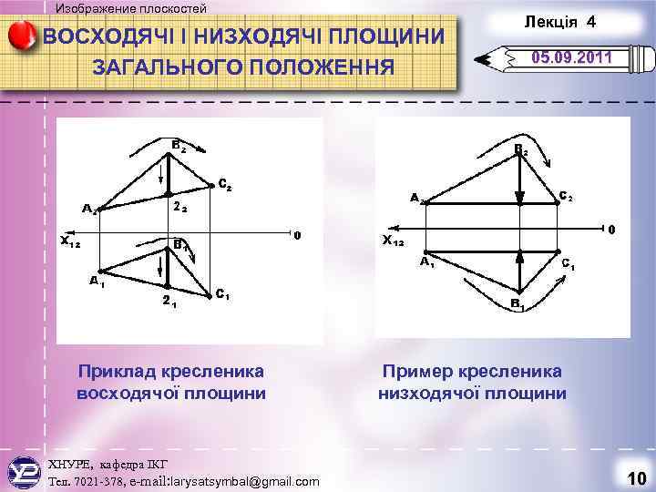 Изображение плоскостей ВОСХОДЯЧІ І НИЗХОДЯЧІ ПЛОЩИНИ ЗАГАЛЬНОГО ПОЛОЖЕННЯ Приклад кресленика восходячої площини ХНУРЕ, кафедра